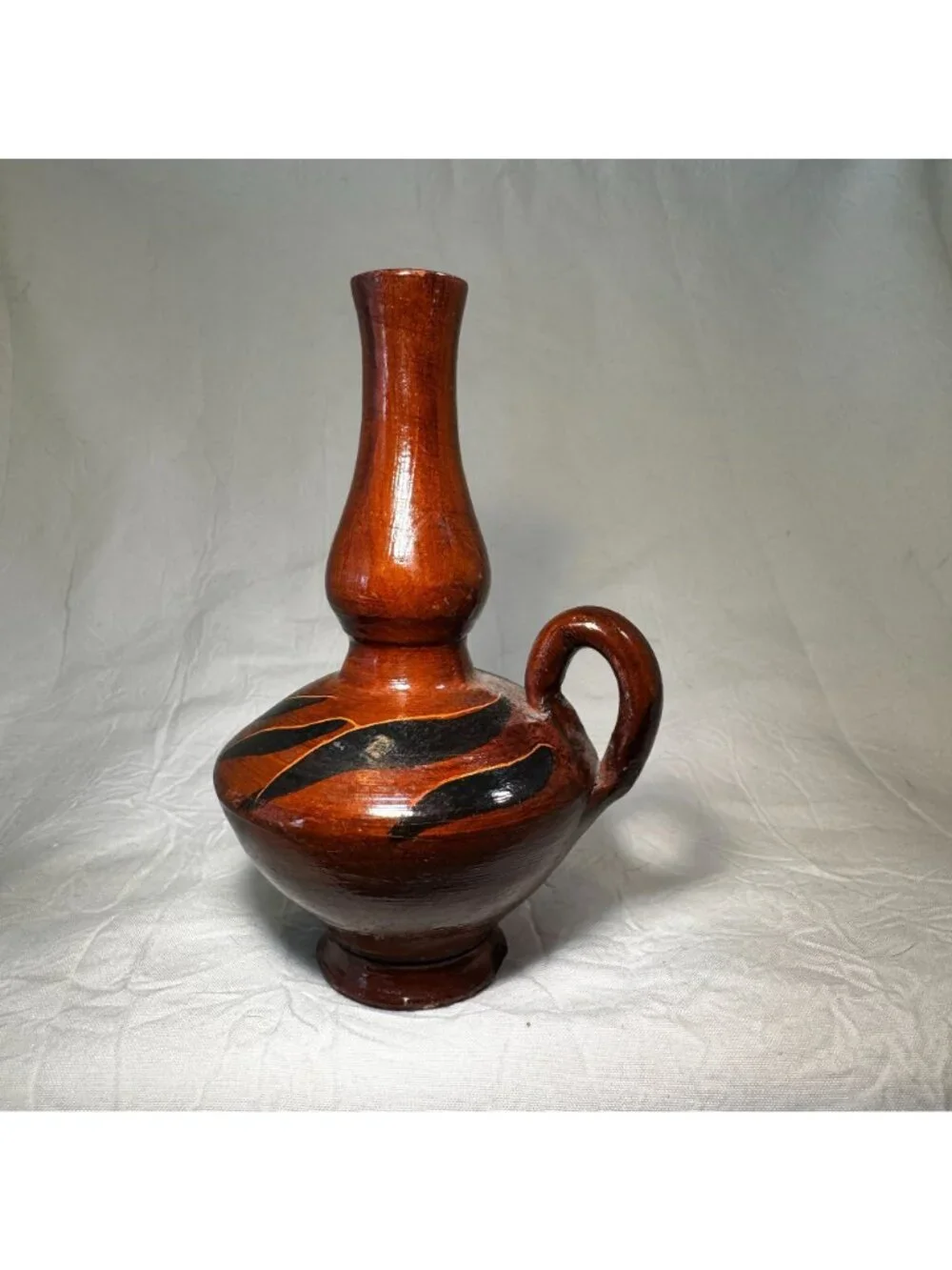 Vintage Handmade Brown Ceramic Vase Handle & Black Accents - Made In Greece